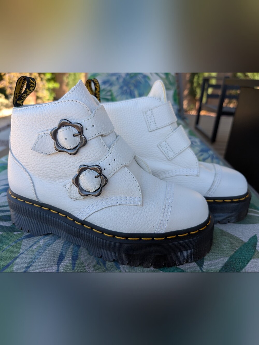 Dr. Martens White Devon Flower Buckle Boots